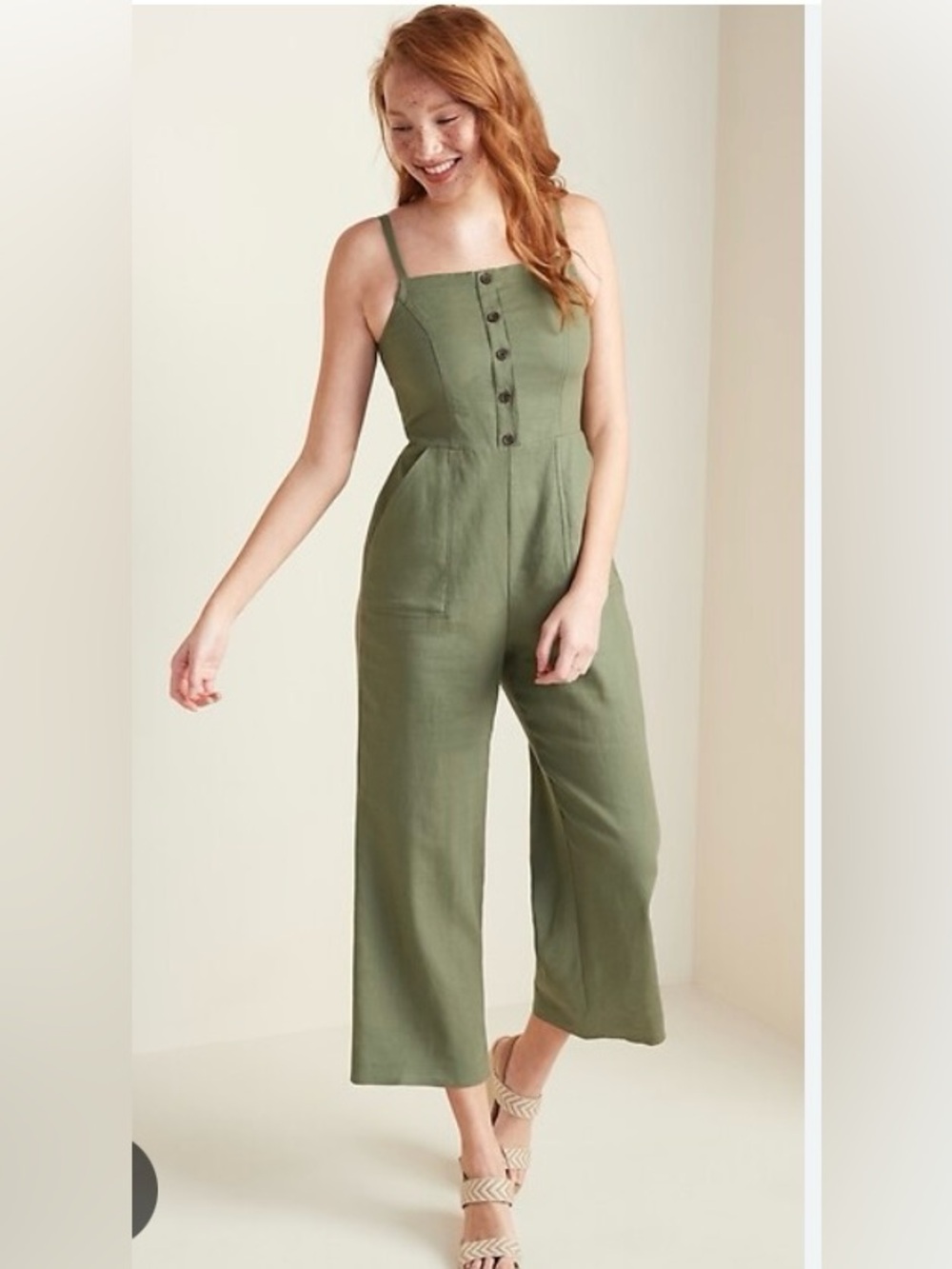Old Navy Olive Green Linen blend jumpsuit wide leg with side pockets
